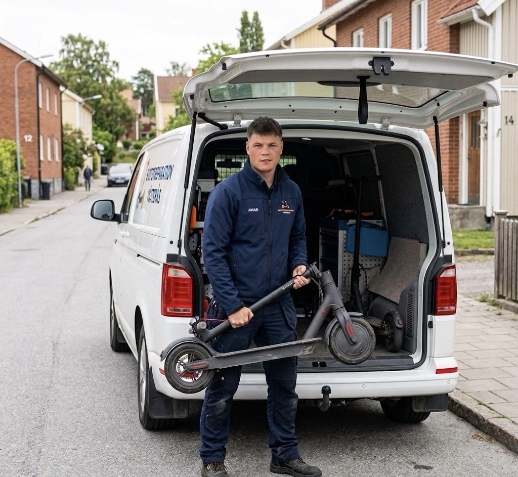 Bil som hämtar elsparkcykel för reparation